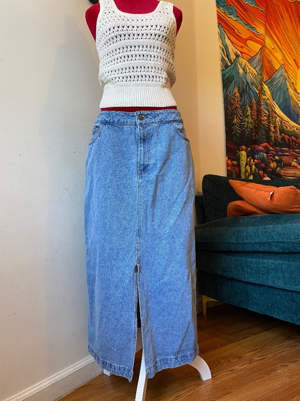 long denim skirt designed with a front slit